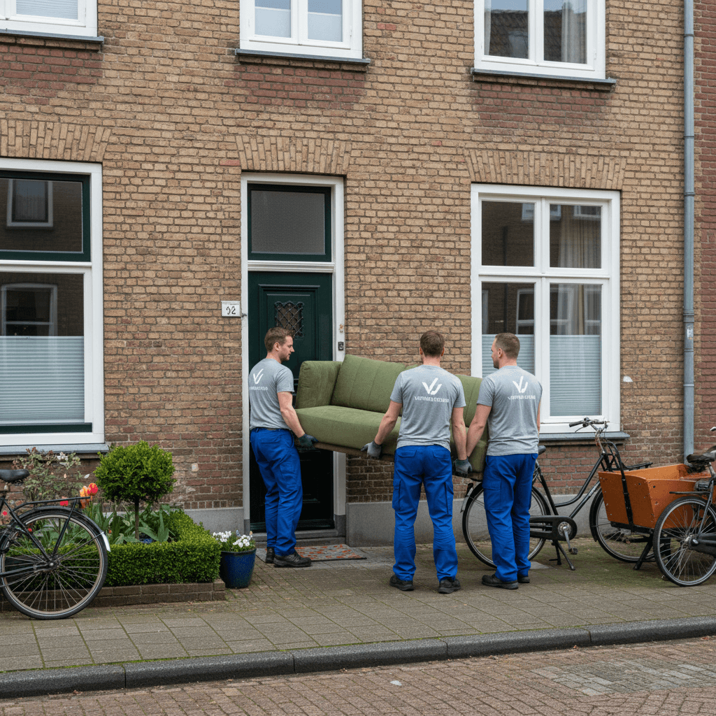 Movers carrying furniture into a home in the Netherlands