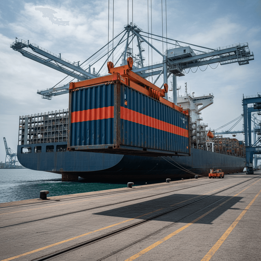 Cargo container being loaded onto a container ship at a busy port