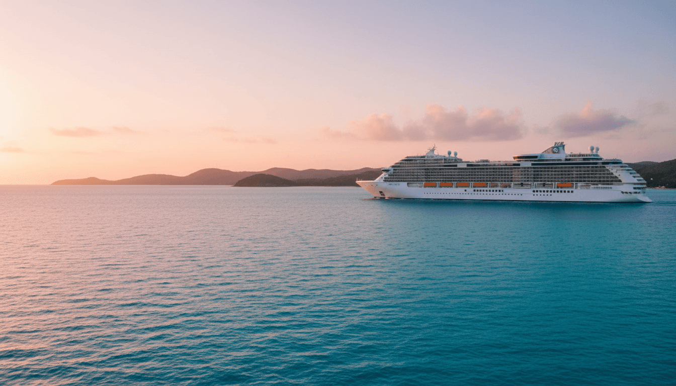 Container ship at sea with sunset sky
